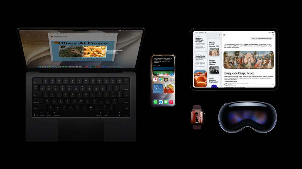 A MacBook, iPhone, iPad, Apple Watch and Apple Vision Pro running Apple's 27 software releases