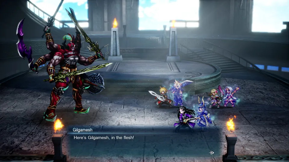 The party faces the armored swordmaster Gilgamesh in a torch-lit hall in Final Fantasy Resonance