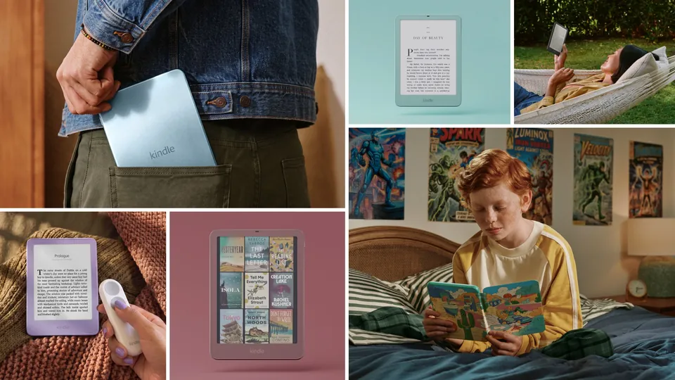 Amazon collage of Kindle e-readers in several colors, with readers in a hammock, in bed and with a Kindle in a jeans pocket