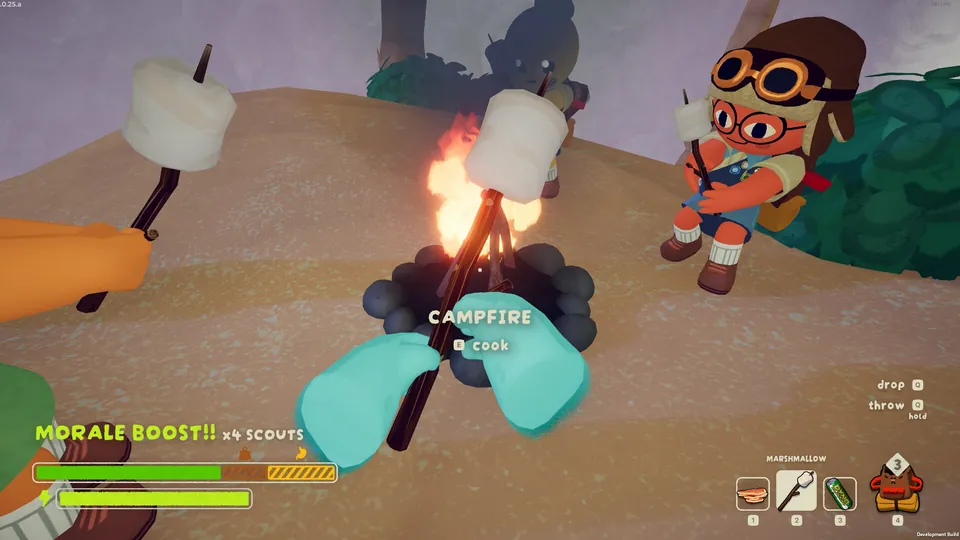 Peak scouts roast marshmallows over a campfire for a morale boost on a mountain ledge