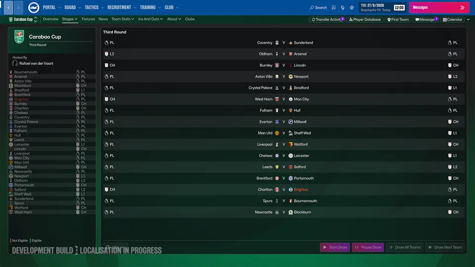 The Carabao Cup third-round draw screen in Football Manager 27, as Cup Draws return