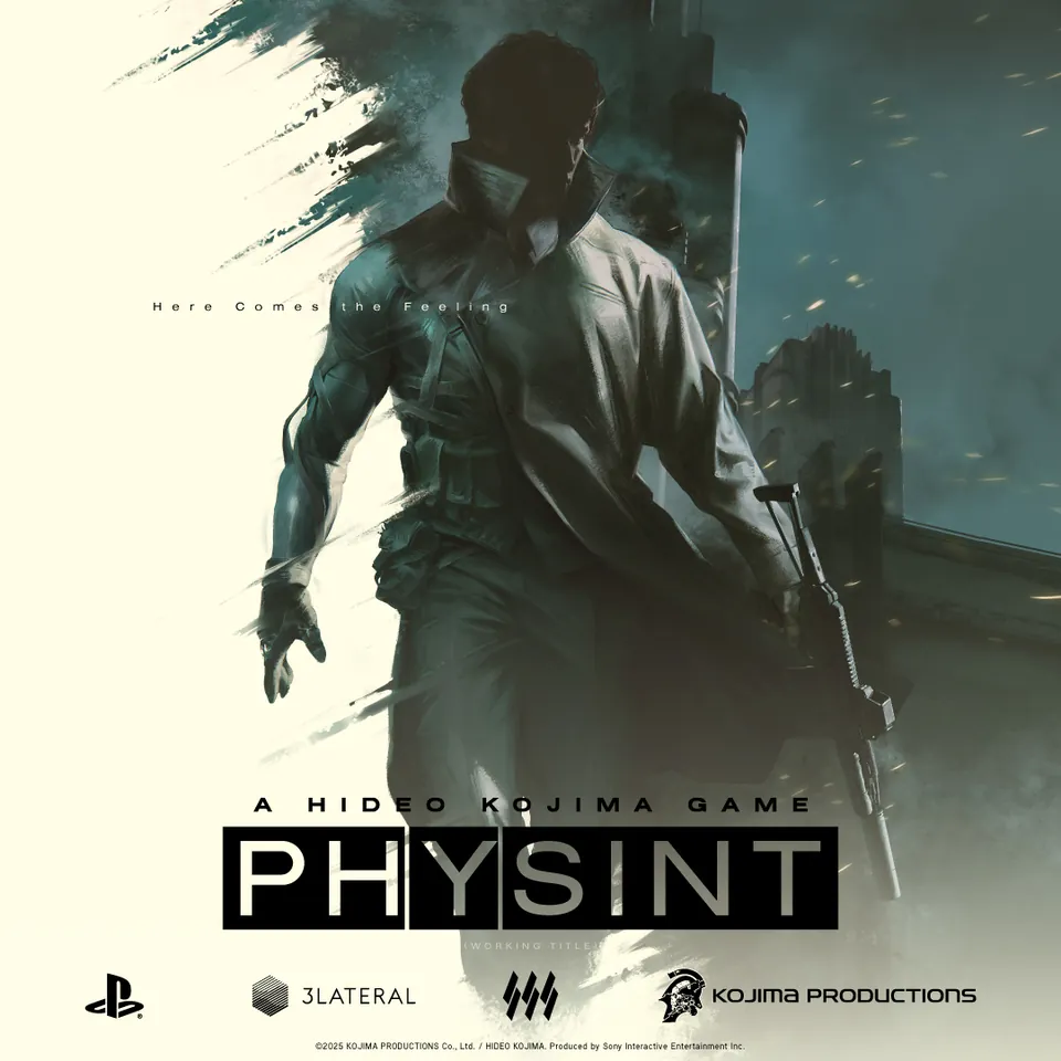 A Physint key visual of a hooded figure in a dark suit walking through mist, with the PlayStation and Kojima Productions logos below the title
