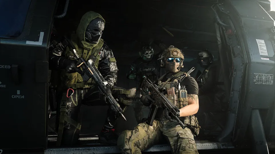A masked special forces squad sits in a helicopter with rifles in Modern Warfare 4