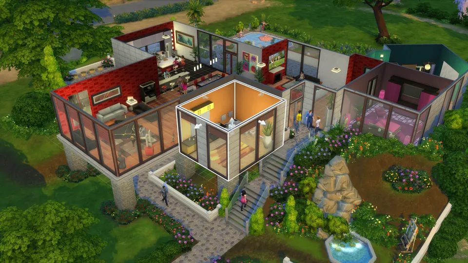A cutaway view of a modern hillside house with glass walls, a garden and a fountain in The Sims 4