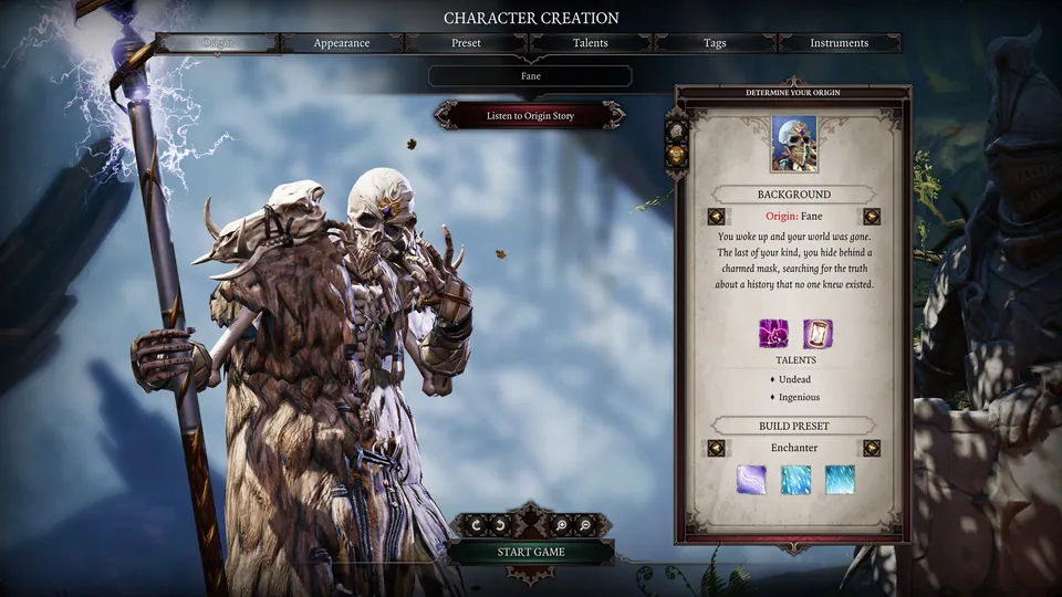 Fane, an undead skeleton in a robe holding a staff, on the character creation screen of Divinity: Original Sin 2