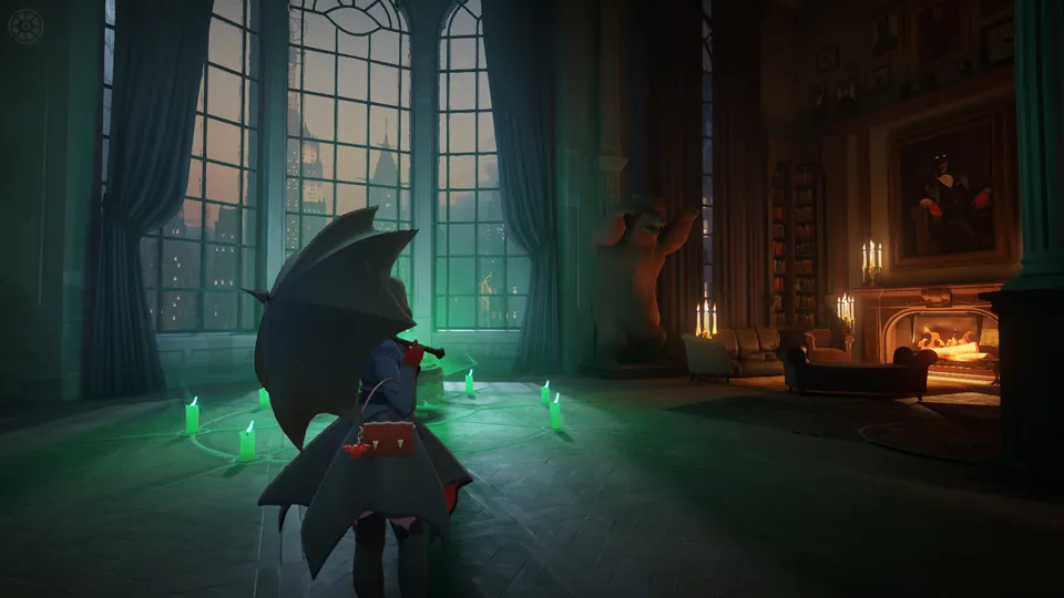 A hero with a black umbrella stands in a candlelit library with tall windows in Deadlock