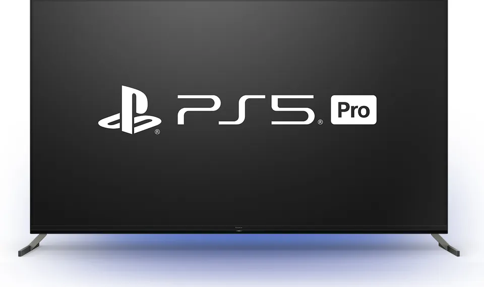 A TV screen showing the PS5 Pro logo in white on a black background