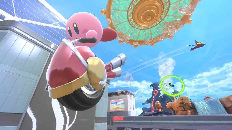 Kirby rides a red one-wheeled bike past a futuristic building under a giant floating dome in Kirby Air Riders.