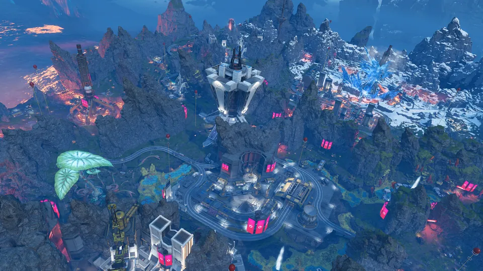 An aerial view of a snowy Apex Legends map with a tower at the center