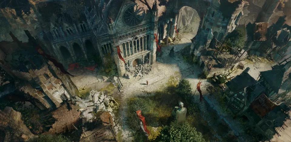 An overhead view of a ruined city square overgrown with plants in Diablo V