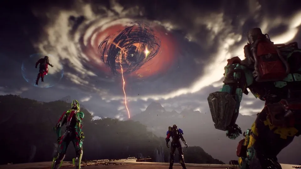Four javelins face a red storm vortex over a cliff in the Anthem Cataclysm trailer