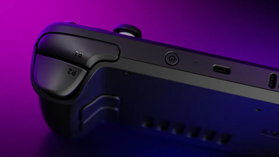 Close-up of Steam Deck's R1 and R2 buttons, power button and USB-C port