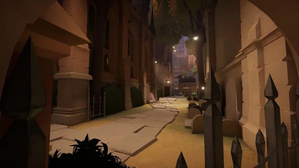 A quiet stone alley lined with iron fences and street lamps leads into the city in Deadlock