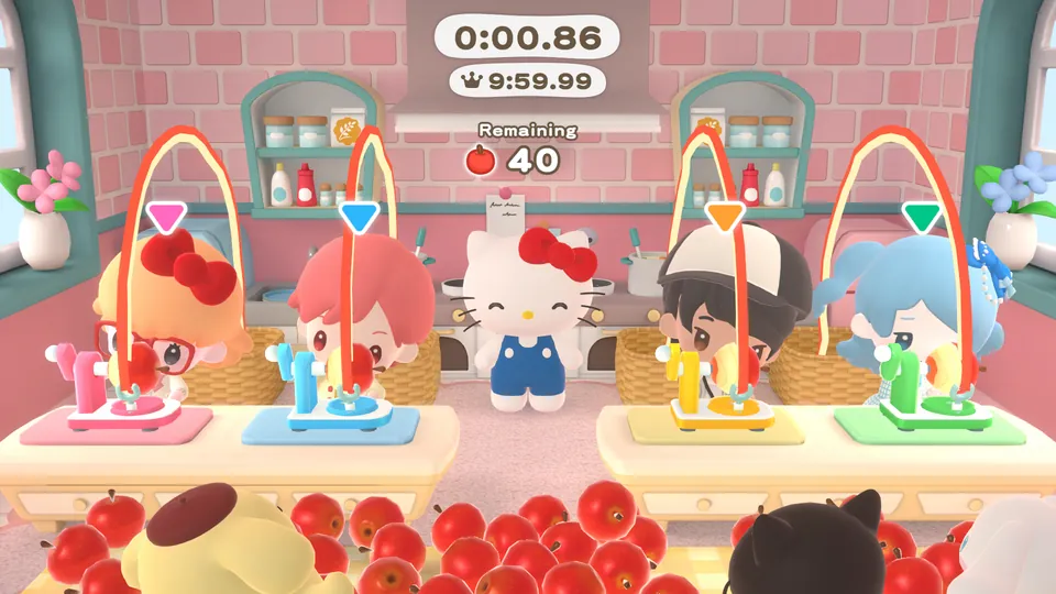 Four players compete at kitchen counters stacked with apples in a Hello Kitty Party Land mini game, with Hello Kitty in the middle