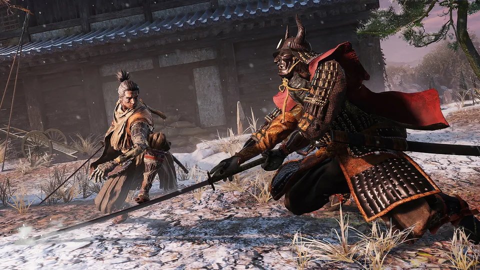 A one-armed shinobi faces an armored samurai general with a long spear in a snowy castle courtyard in Sekiro: Shadows Die Twice