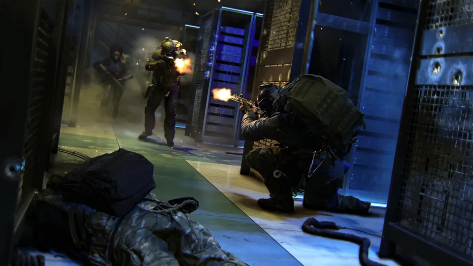 Soldiers trading fire between server racks in a dark room in Call of Duty: Modern Warfare 4