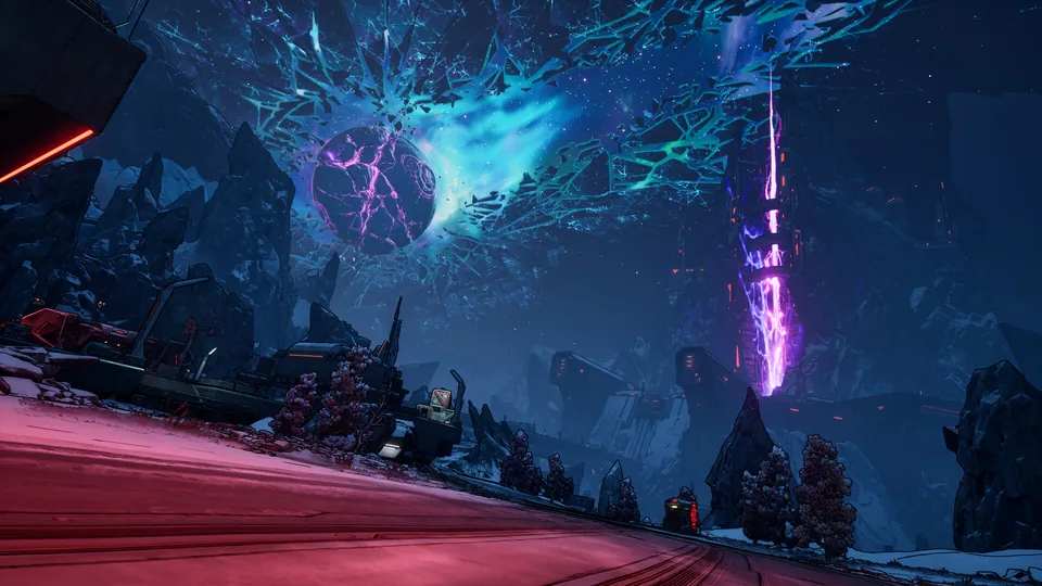 A cracked purple moon glows in a night sky above dark rocky peaks and a red road in Borderlands 4