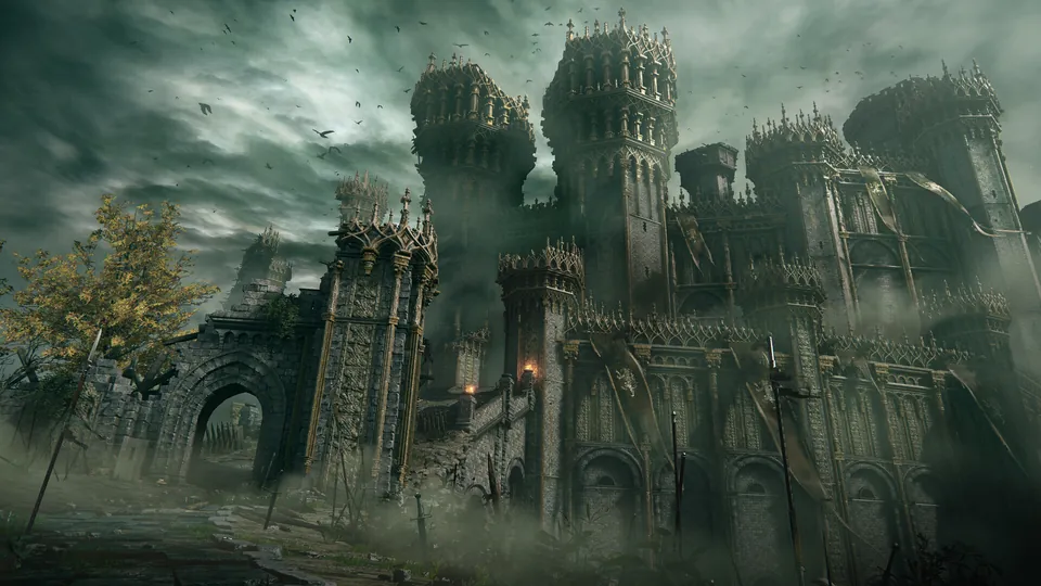 A towering gothic castle with spires under a stormy green sky in Elden Ring