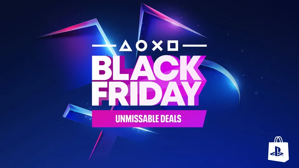 PlayStation's Black Friday Unmissable Deals artwork with the PlayStation shapes on a purple and blue background