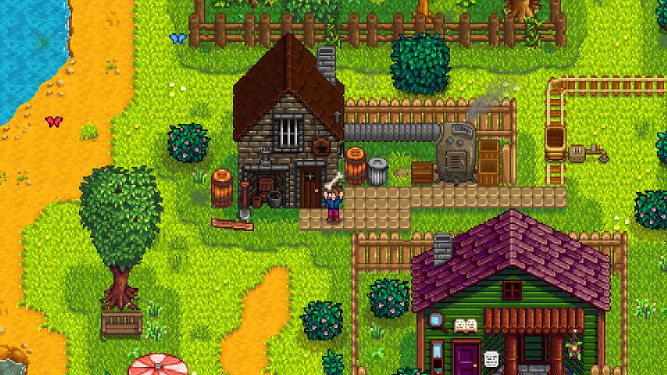 A stone workshop with a smoking furnace stands beside a wooden cabin in a green town in Stardew Valley