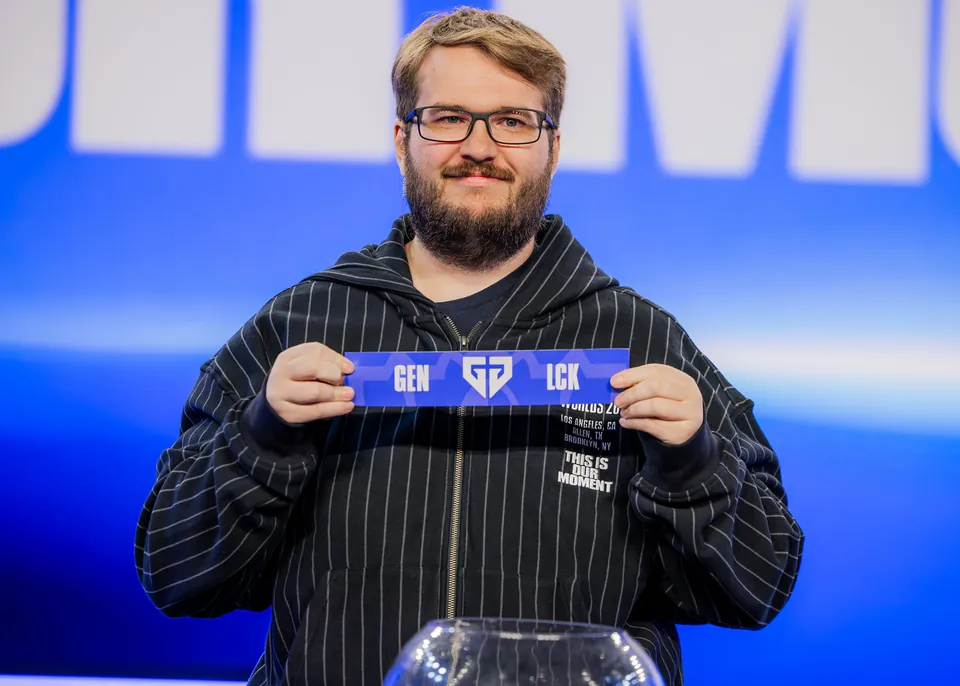 The Gen.G LCK card drawn on stage at the Worlds 2026 Swiss Stage draw in Los Angeles on Oct. 18