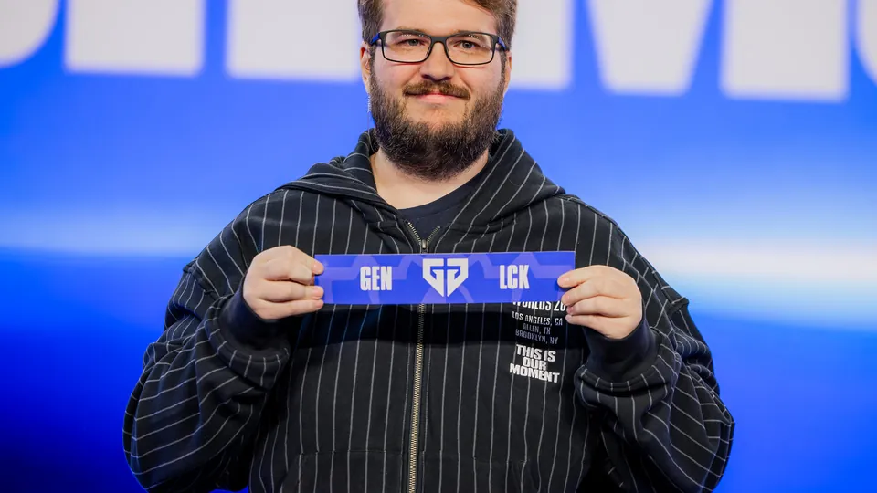 The Gen.G LCK card drawn on stage at the Worlds 2026 Swiss Stage draw in Los Angeles on Oct. 18