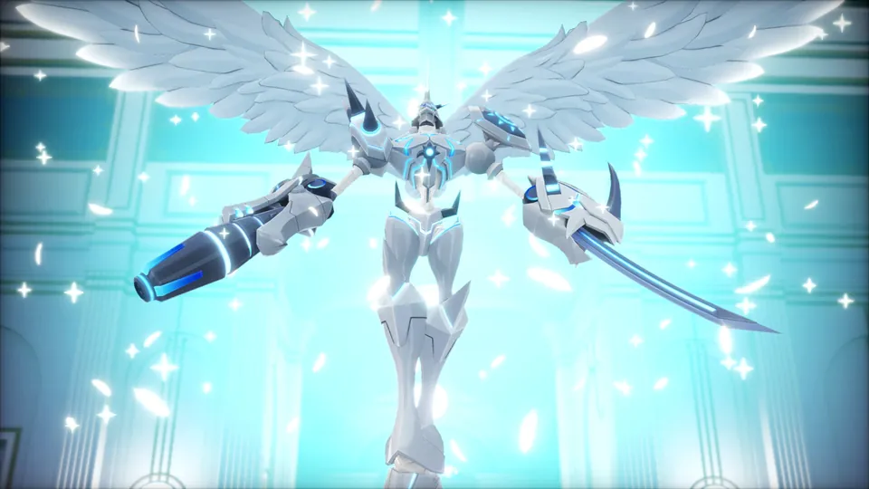 Omnimon: Merciful Mode spreads white wings and raises a blade in a burst of light in Digimon Story Time Stranger's GAKU-RAN DLC
