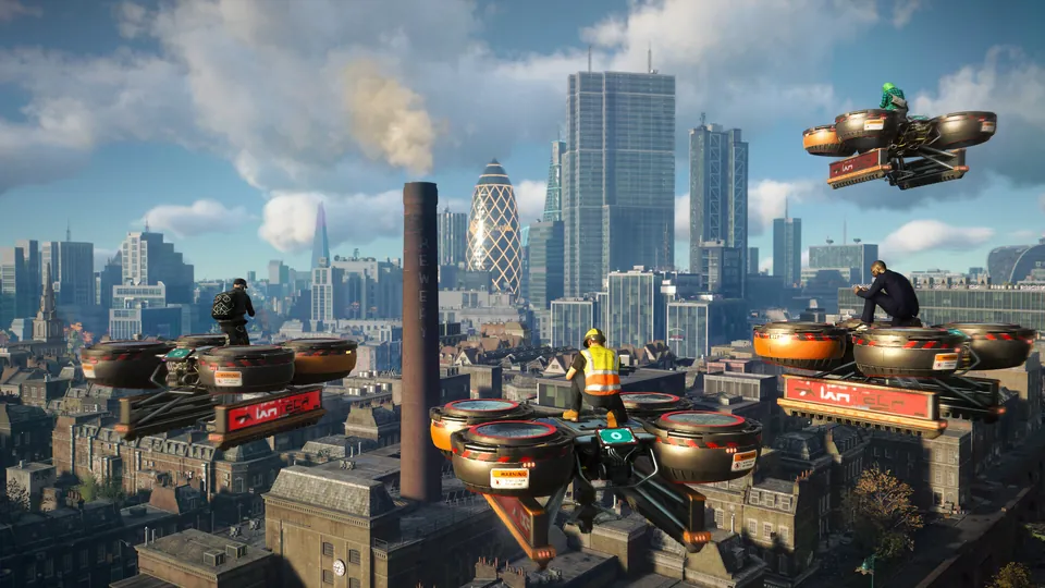 Cargo drones fly over the London skyline in Watch Dogs: Legion