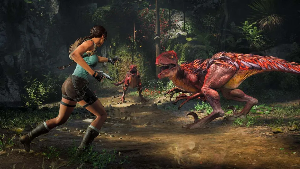 Lara Croft runs with both pistols drawn toward two red raptors on a jungle path in Tomb Raider: Legacy of Atlantis