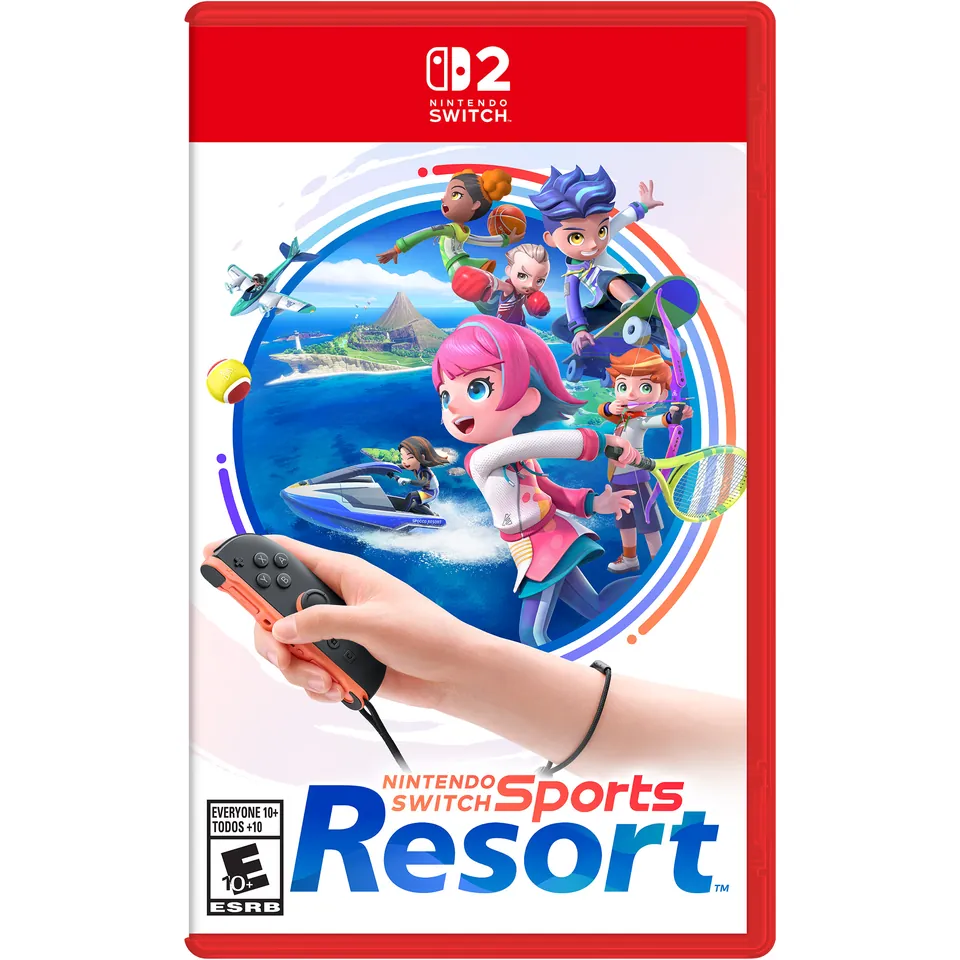 The Switch 2 box for Nintendo Switch Sports Resort, with Sportsmates around an island and a hand holding a Joy-Con 2.