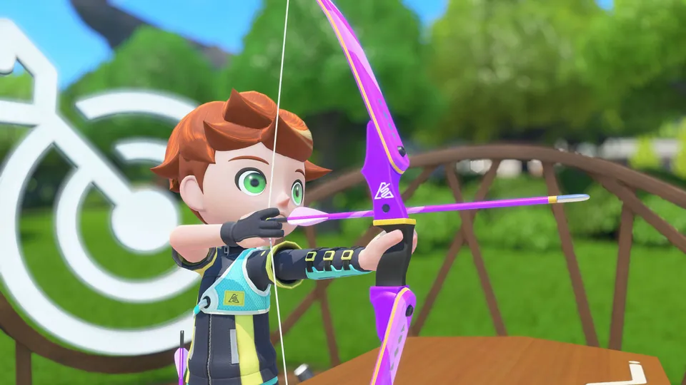 A Sportsmate draws a purple bow and aims at a target in Archery in Nintendo Switch Sports Resort