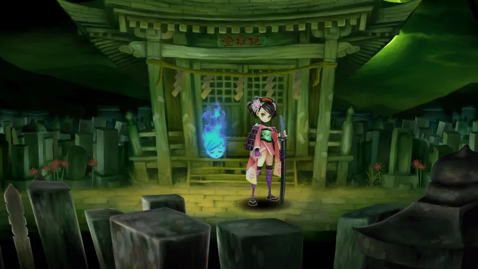 A girl in a pink kimono stands at a moss-covered shrine beside a blue spirit flame in Muramasa: Revenant Blades