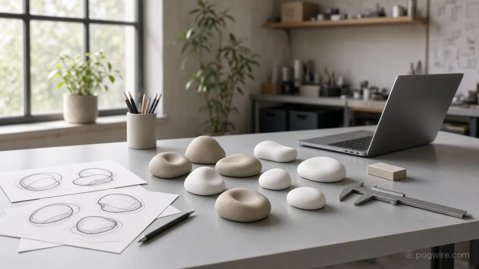 Illustration: clay and white pebble-shaped design models on a studio workbench