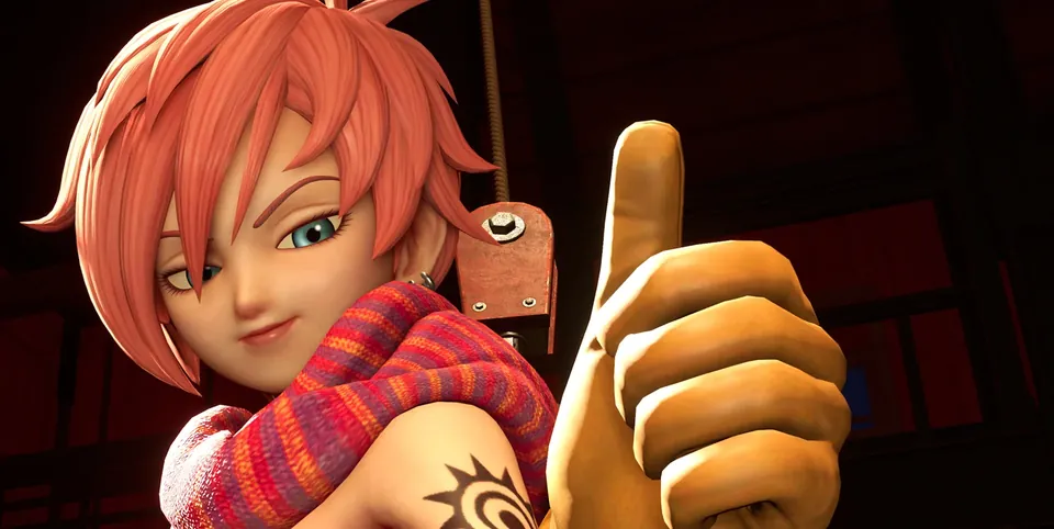 A red-haired character in a striped scarf gives a thumbs-up in Dragon Quest XII: Beyond Dreams