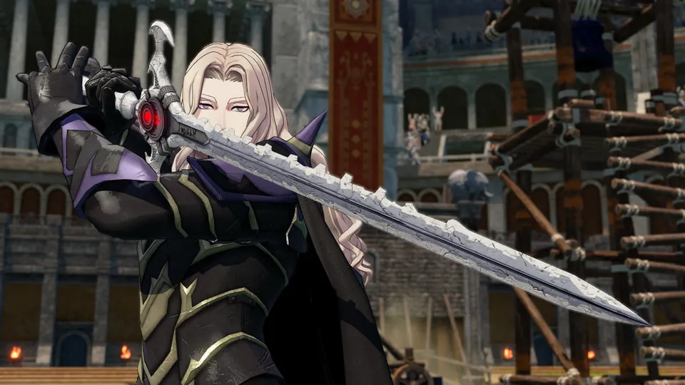 A pale-haired swordsman in dark armor raises a huge ornate sword in an arena