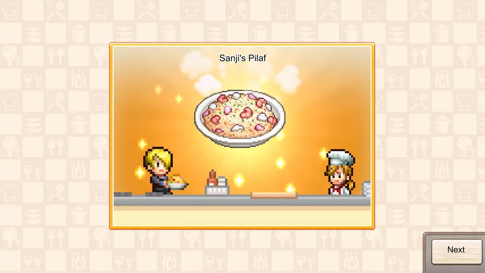 Sanji and the player's chef present a plate of Sanji's Pilaf in One Piece: Grand Gourmet