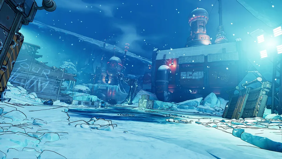 Snowy ruins and wrecked metal structures under a pale blue sky