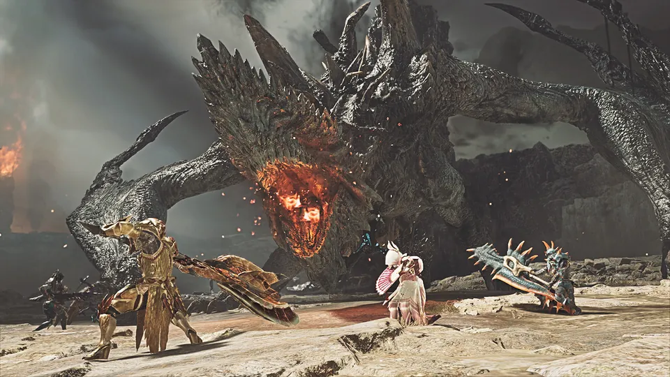 Three hunters fight a dark dragon with a glowing face in a rocky arena in Monster Hunter Wilds