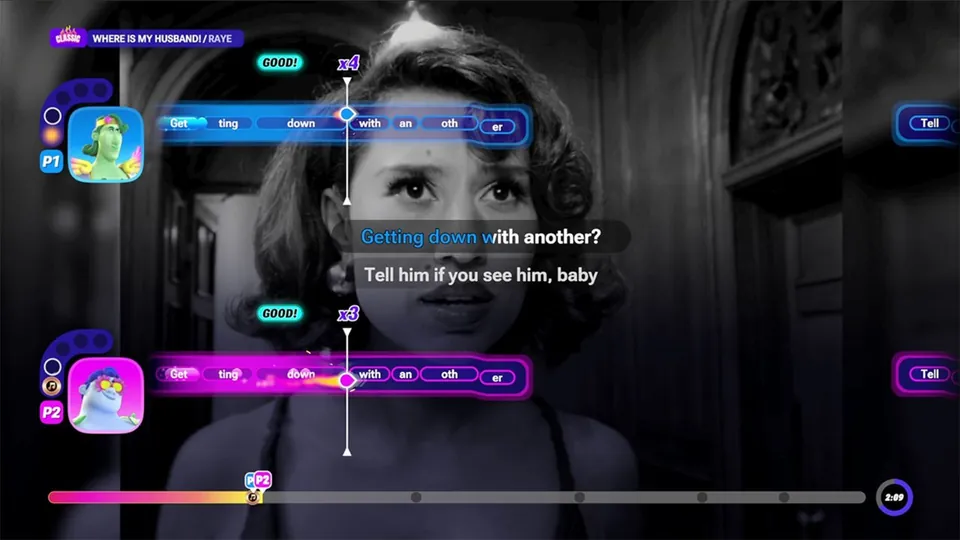 A two-player karaoke screen in Let's Sing 2027