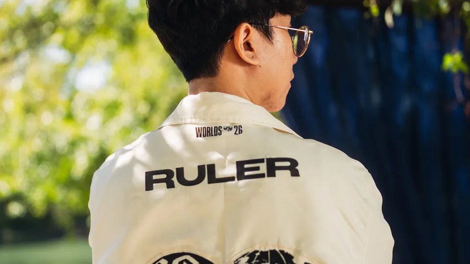 The back of a Gen.G team jacket with the name Ruler at an outdoor Worlds 2026 photo shoot
