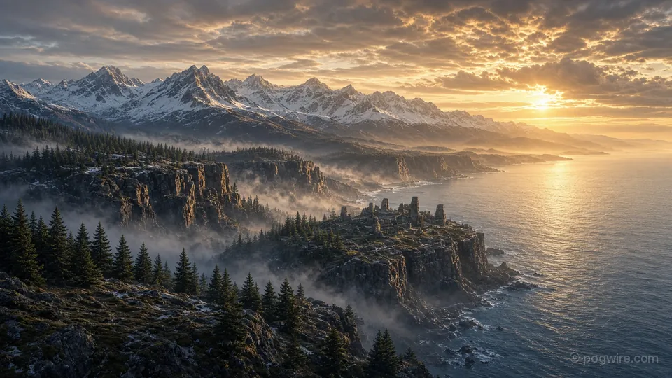 Illustration: a misty northern sea coast with cliffs, pine forests and snowy mountains at sunrise