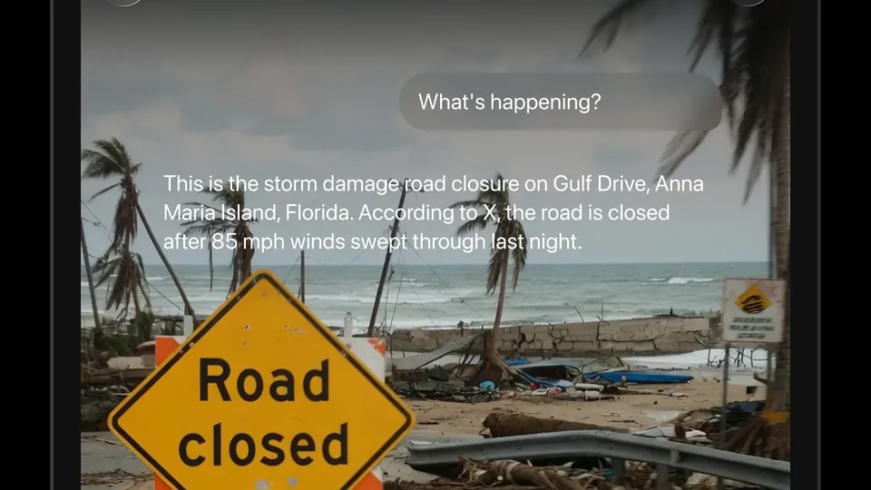 The Grok app on iPad describing a photo of a road closed sign after a storm