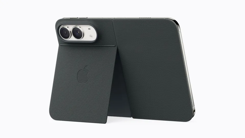 The iPhone Duo Folio with Kickstand in navy blue, seen from the back with the kickstand open