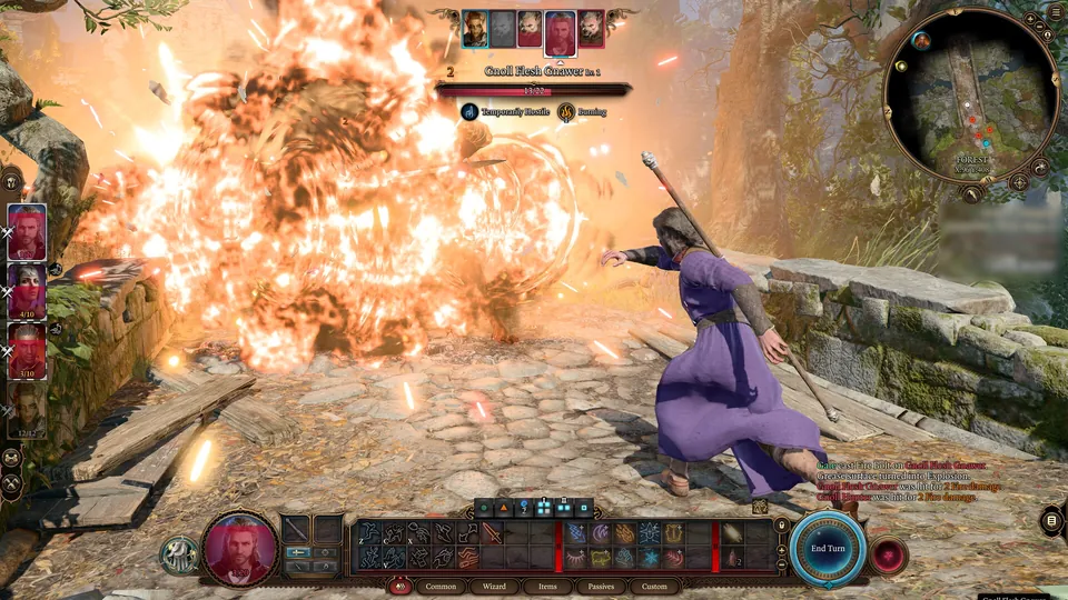 A spellcaster in purple robes unleashes a huge fireball in a turn-based fight