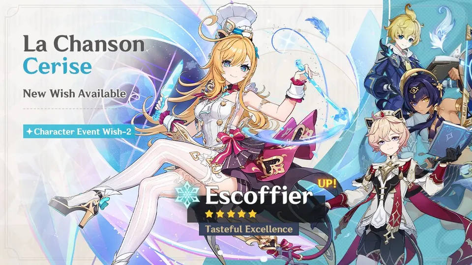 Genshin Impact La Chanson Cerise wish banner featuring the 5-star Cryo character Escoffier