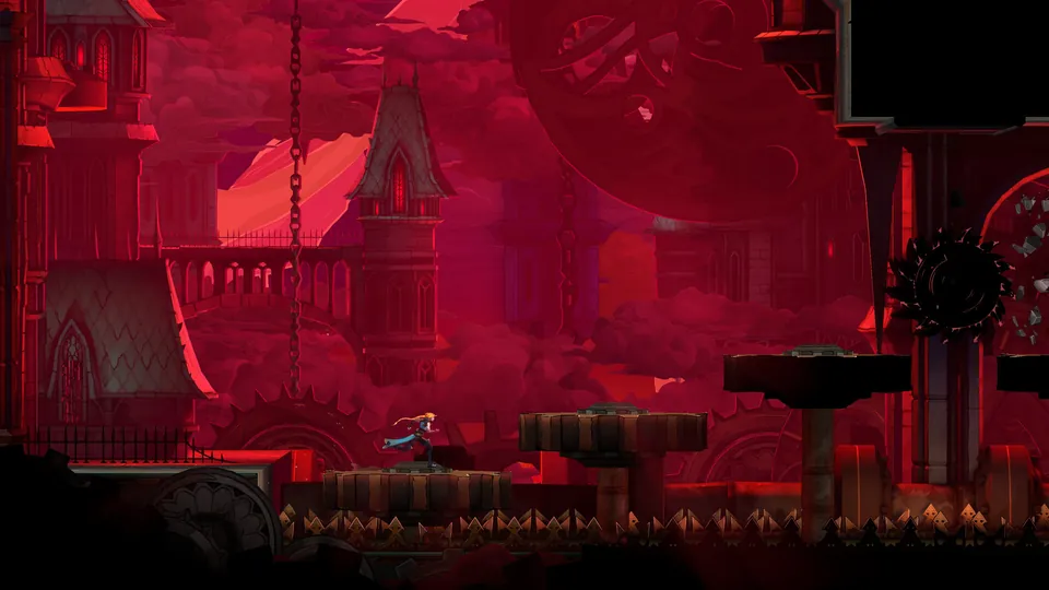A tiny figure crosses a clockwork platform beneath crimson spires and hanging chains in Castlevania: Belmont’s Curse