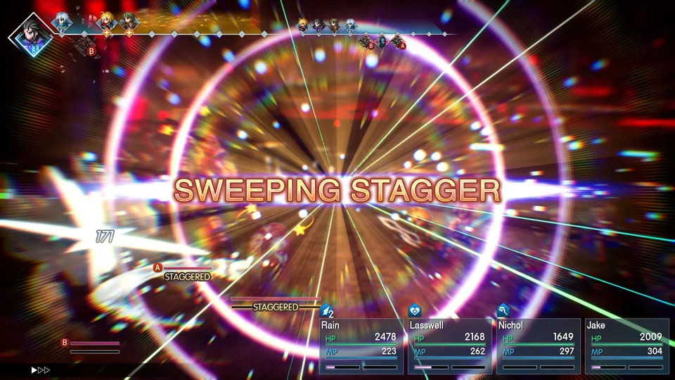 A Sweeping Stagger attack bursts across the screen as an enemy is staggered in a Final Fantasy Resonance battle
