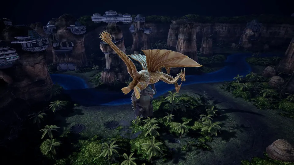 King Ghidorah flies over Godzilla in a jungle valley at night in Godzilla: Destroy All Monsters Melee Remastered