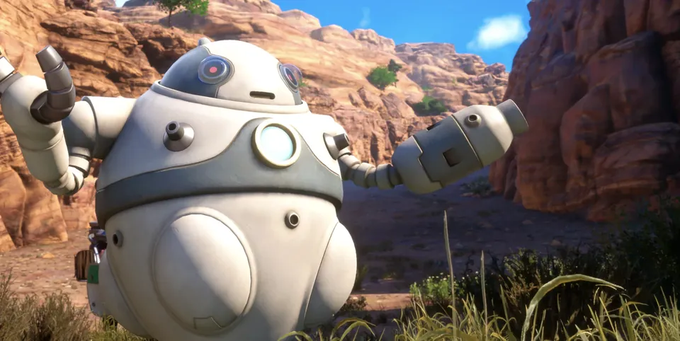 A round white robot waves its arms in a rocky valley in Dragon Quest XII: Beyond Dreams