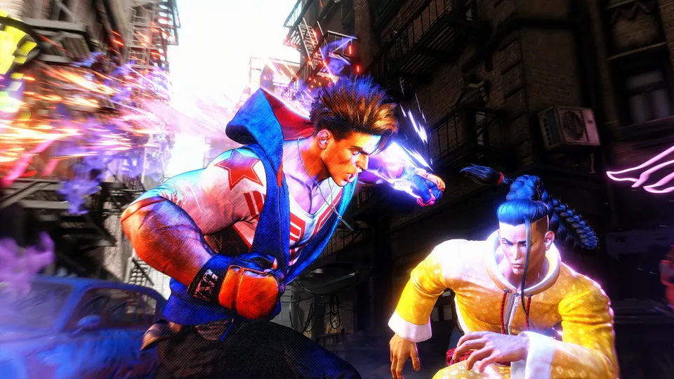 Luke and Jamie face off in a city street in Street Fighter 6
